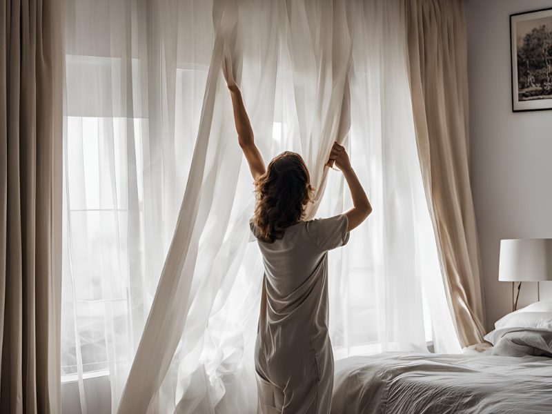 mujer corriendo una cortina de un dormitorio